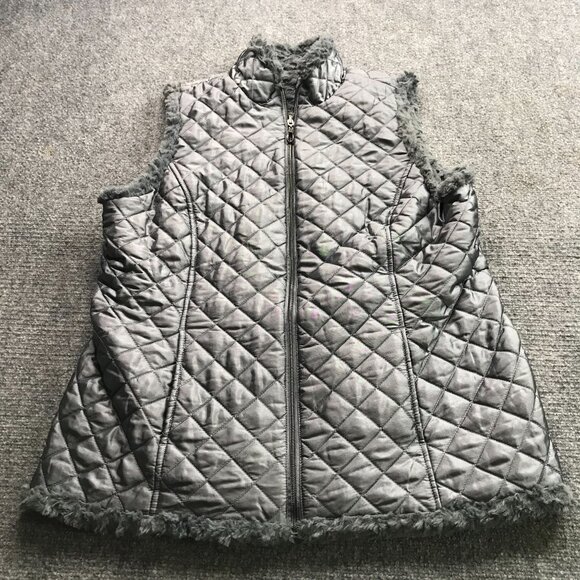 D&Co Vest Womens Medium‎ Gray Quilted Reversible Vest Faux Fur & Nylon Blend - Picture 1 of 11